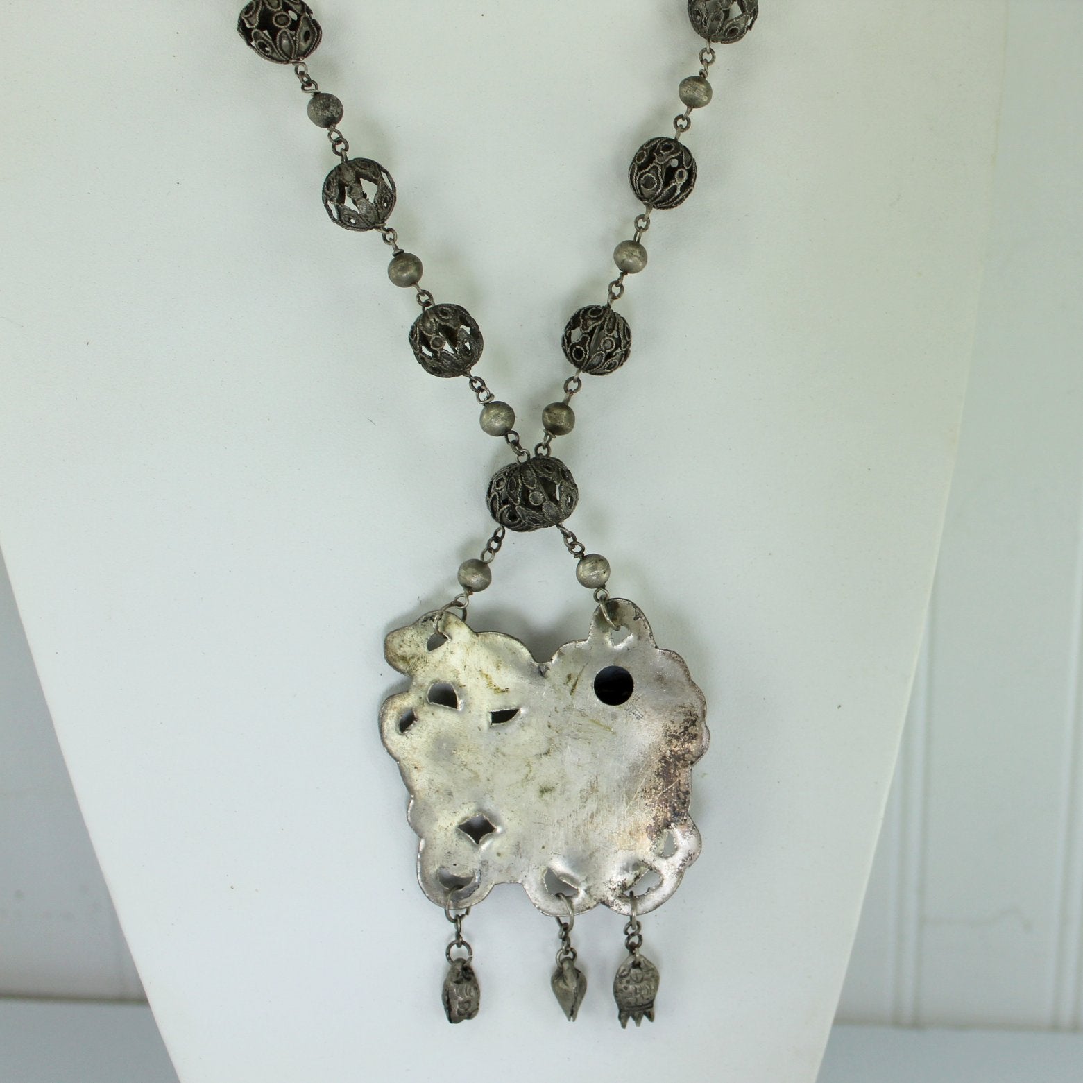 Silver Foo Dog Long Necklace Open Work Bead Intricate Chain Ethnic Origin reverse of pendant