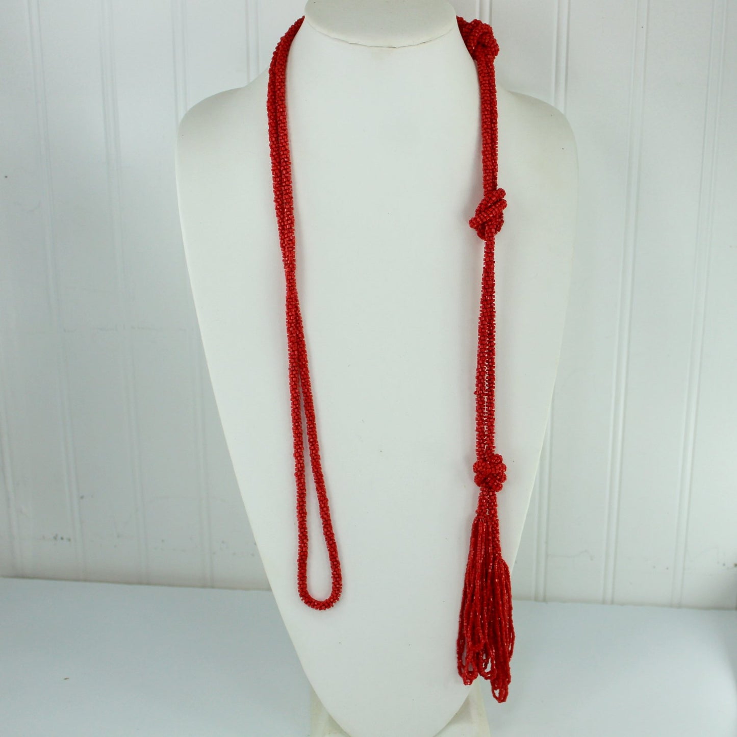 Flapper Bright Red Glass Bead Necklace Long Tassel Rope Lariat 72" Hot