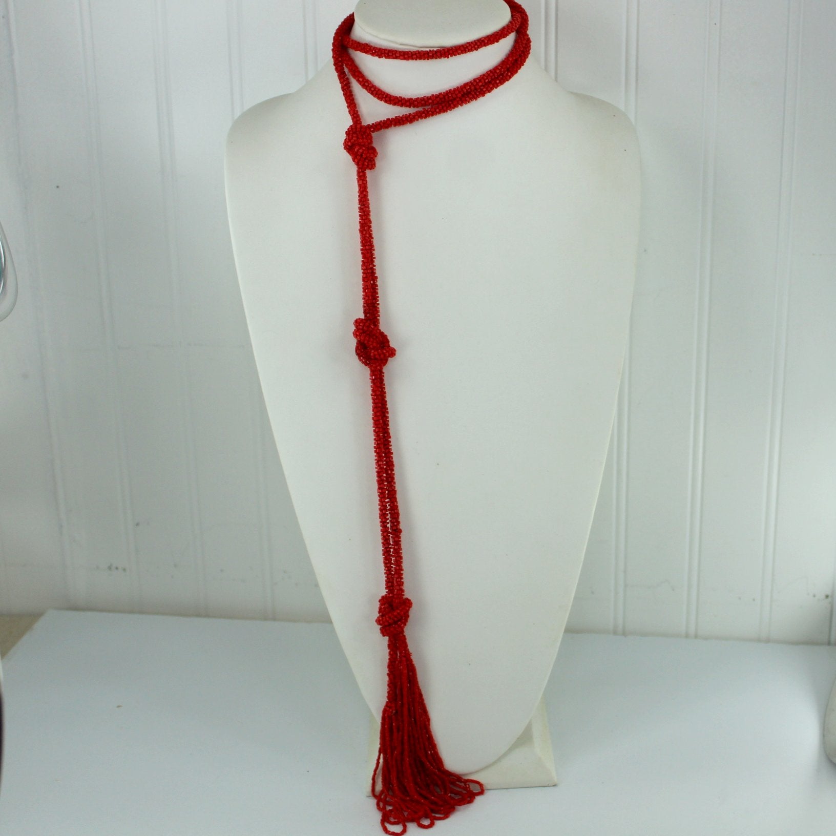 Flapper Bright Red Glass Bead Necklace Long Tassel Rope Lariat 72" Hot neck view