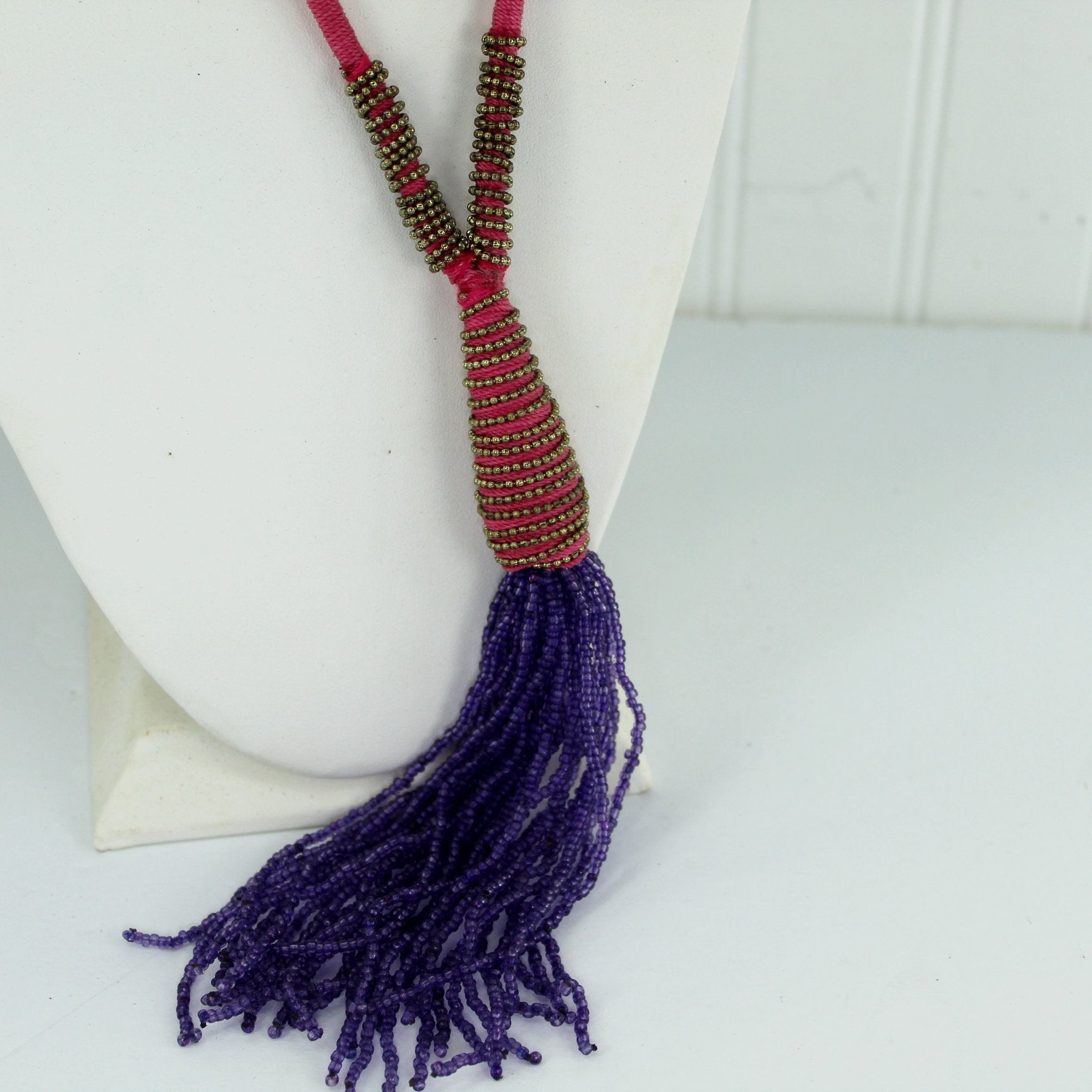 Chico's Long Bead Necklace Tassel Opera Length 40" Pink Purple Gold tassel