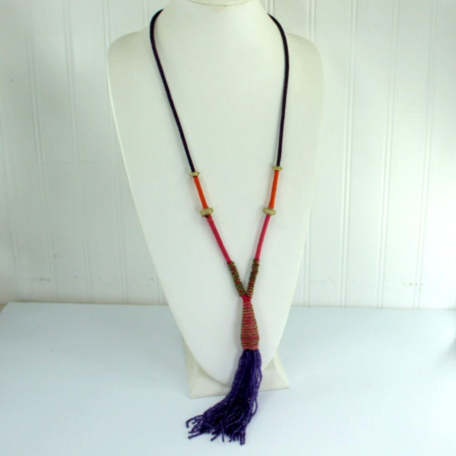 Chico's Long Bead Necklace Tassel Opera Length 40" Pink Purple Gold