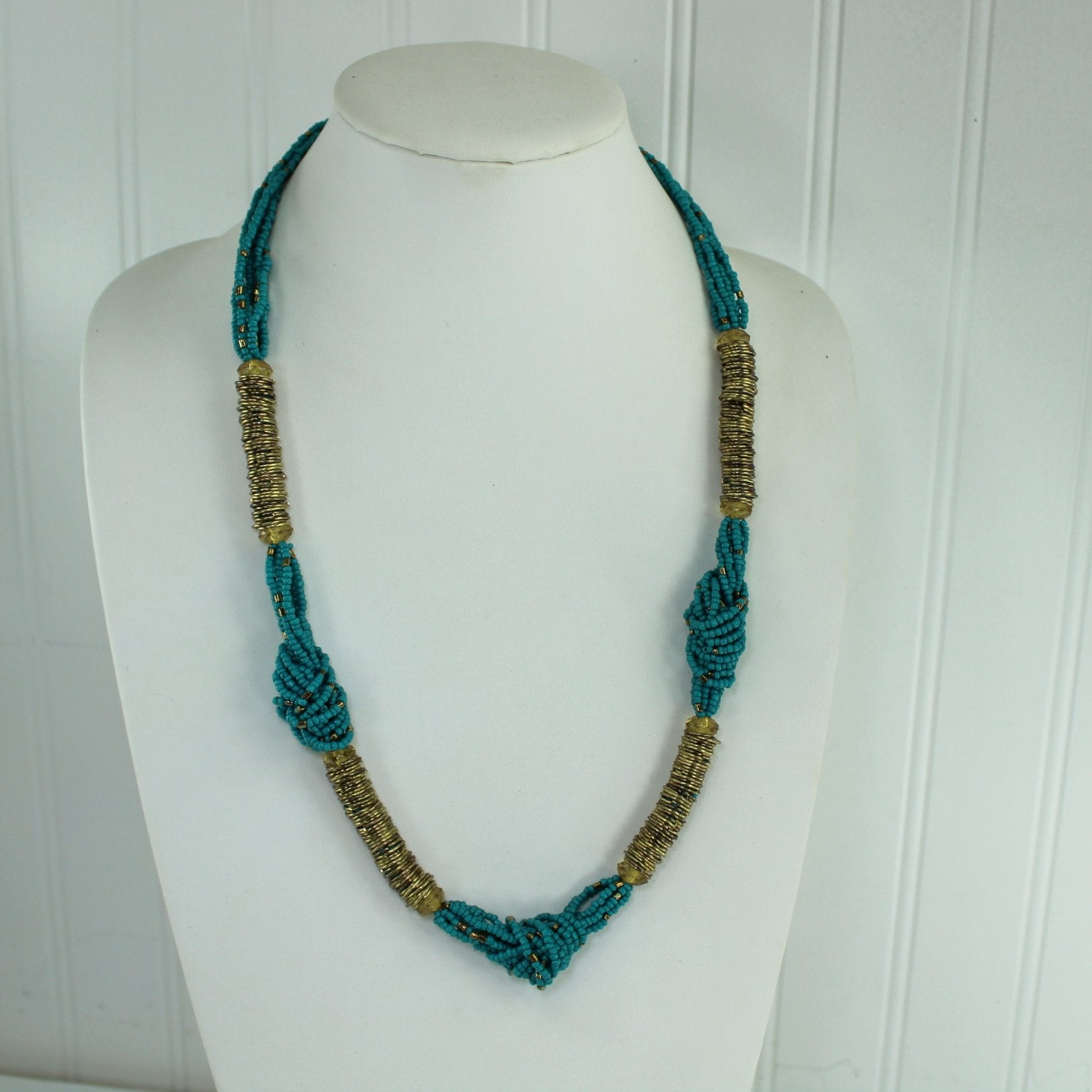 Turquoise Glass Seed Bead Necklace Metallic Highlights 28" Opera