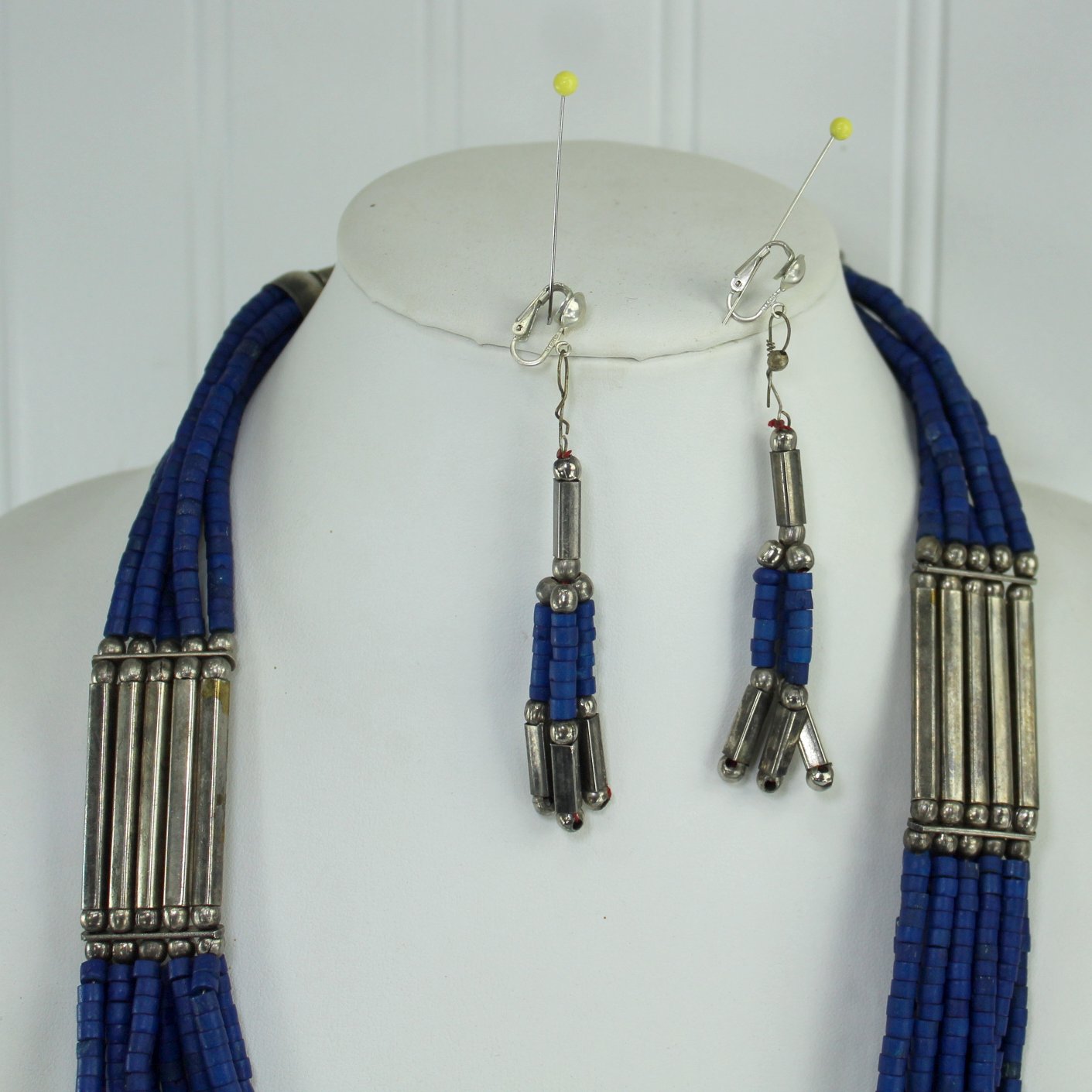 Lapis Blue Necklace Earrings Set Silver Alloy Tubular Beads Asia Souvenir closeup set