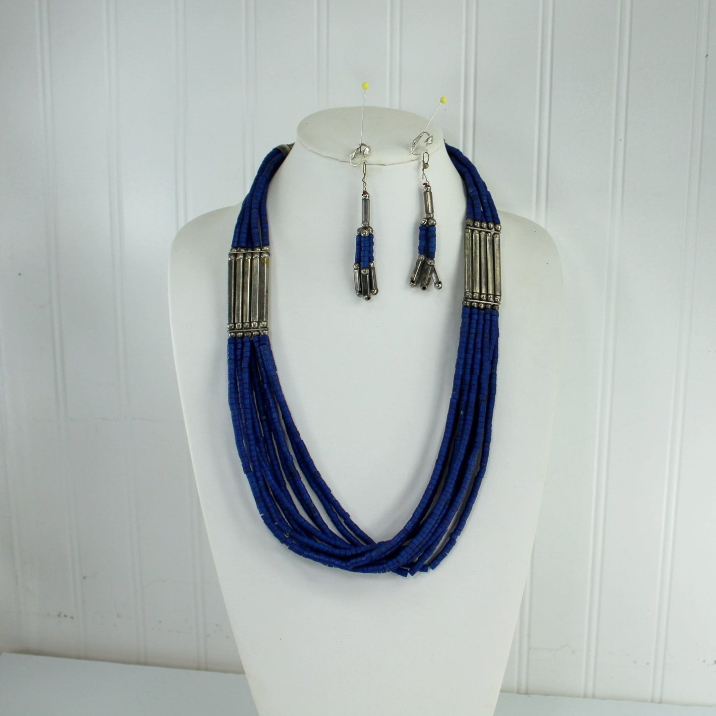 Lapis Blue Necklace Earrings Set Silver Alloy Tubular Beads Asia Souvenir