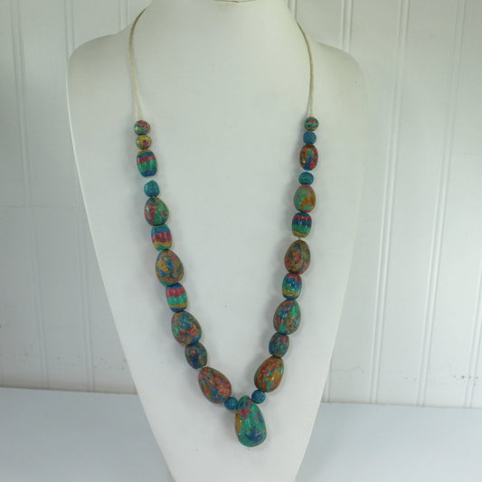 Strand Necklace Large Pastel Clay Hand Made Beads Marbleized Patterns Africa