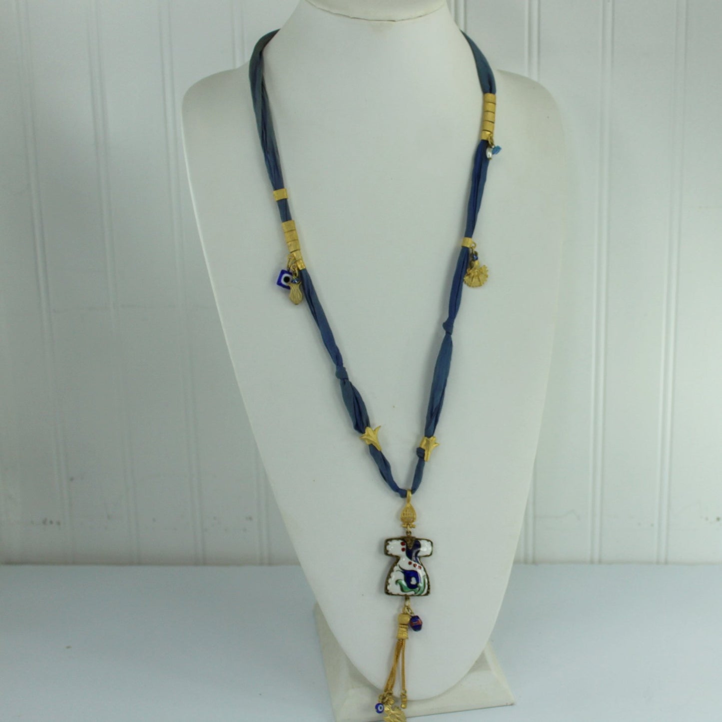 Unique Silk Ribbon Necklace 925 Vermeil Tassel Porcelain Focal