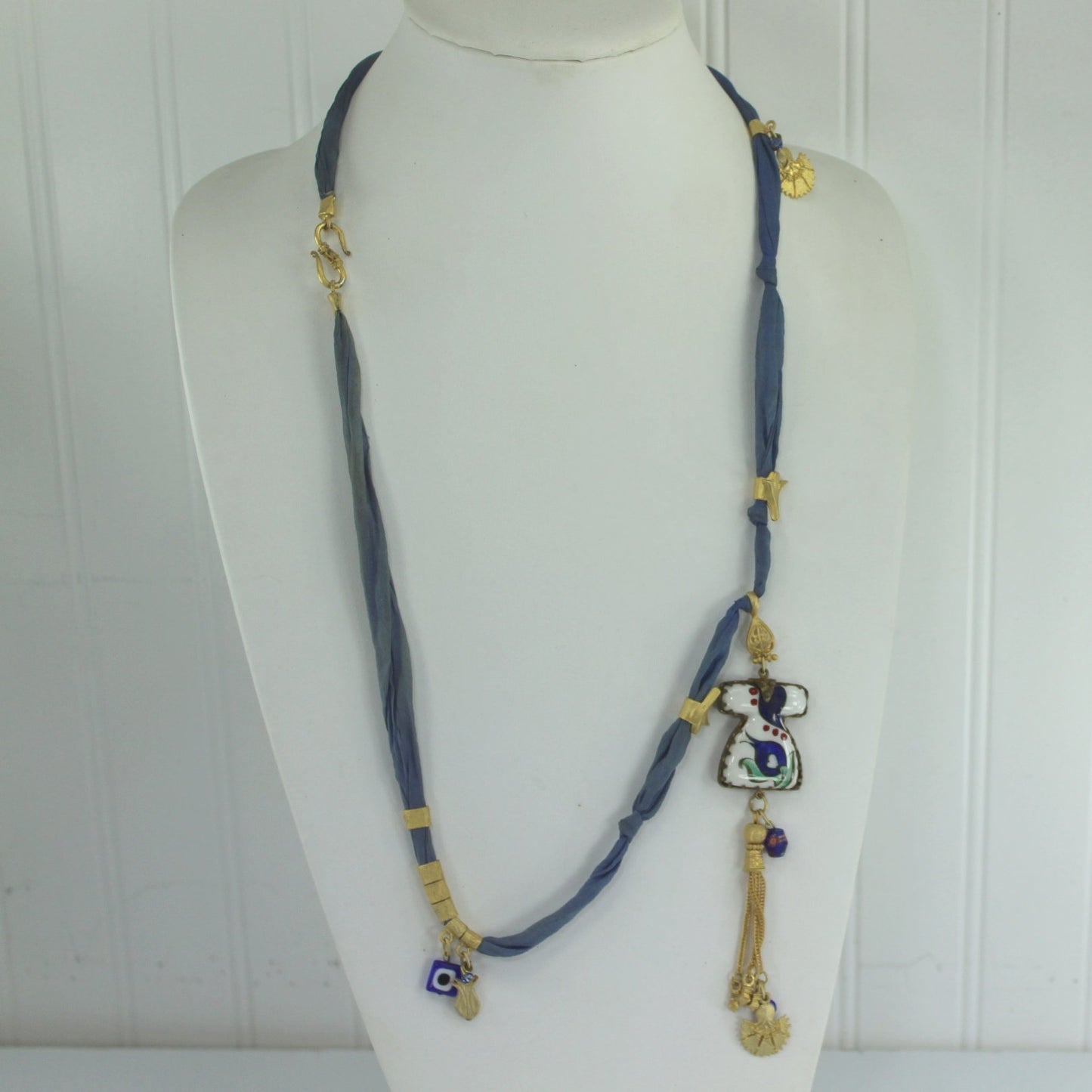 Unique Silk Ribbon Necklace 925 Vermeil Tassel Porcelain Focal full view