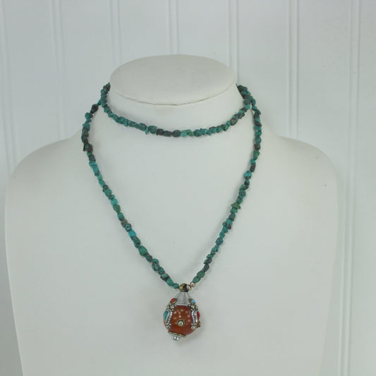 Turquoise Nugget Necklace Amber Color Bauble Pendant Turquoise Coral