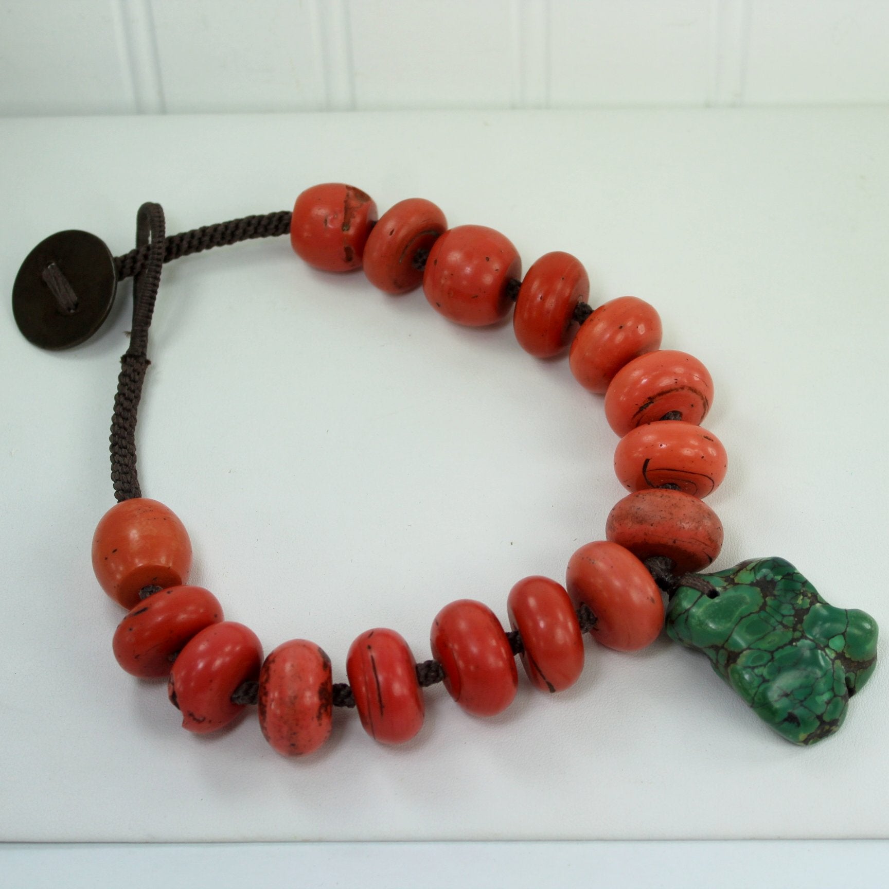 Green Turquoise Coral Stone Chunky Necklace Woven Chain Coin Style Closure flat view open