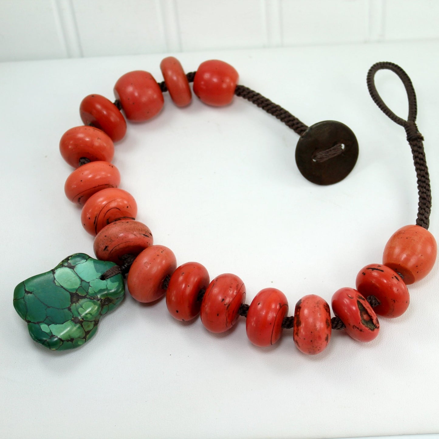 Green Turquoise Coral Stone Chunky Necklace Woven Chain Coin Style Closure reverse necklace view