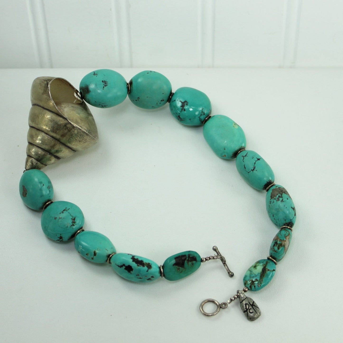 Stunning Statement Chunky Turquoise Large Silver Metal Shell Necklace Marked PCK logo