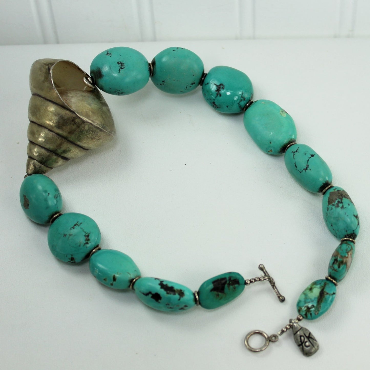 Stunning Statement Chunky Turquoise Large Silver Metal Shell Necklace Marked PCK shell view