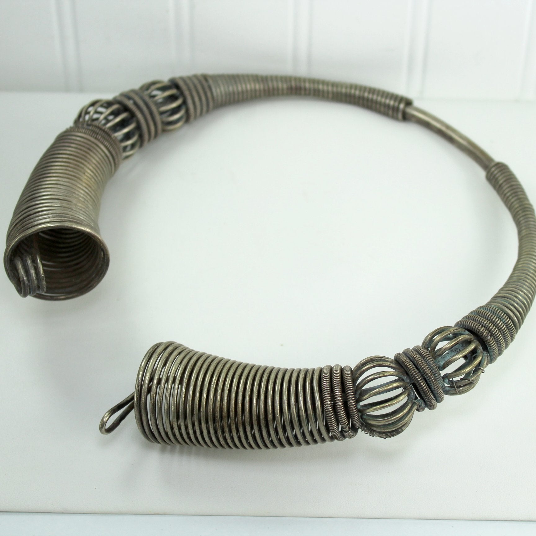 Amazing Vintage African Tribal Necklace Collar Refined Brutalist Heavy Metal Coil open view