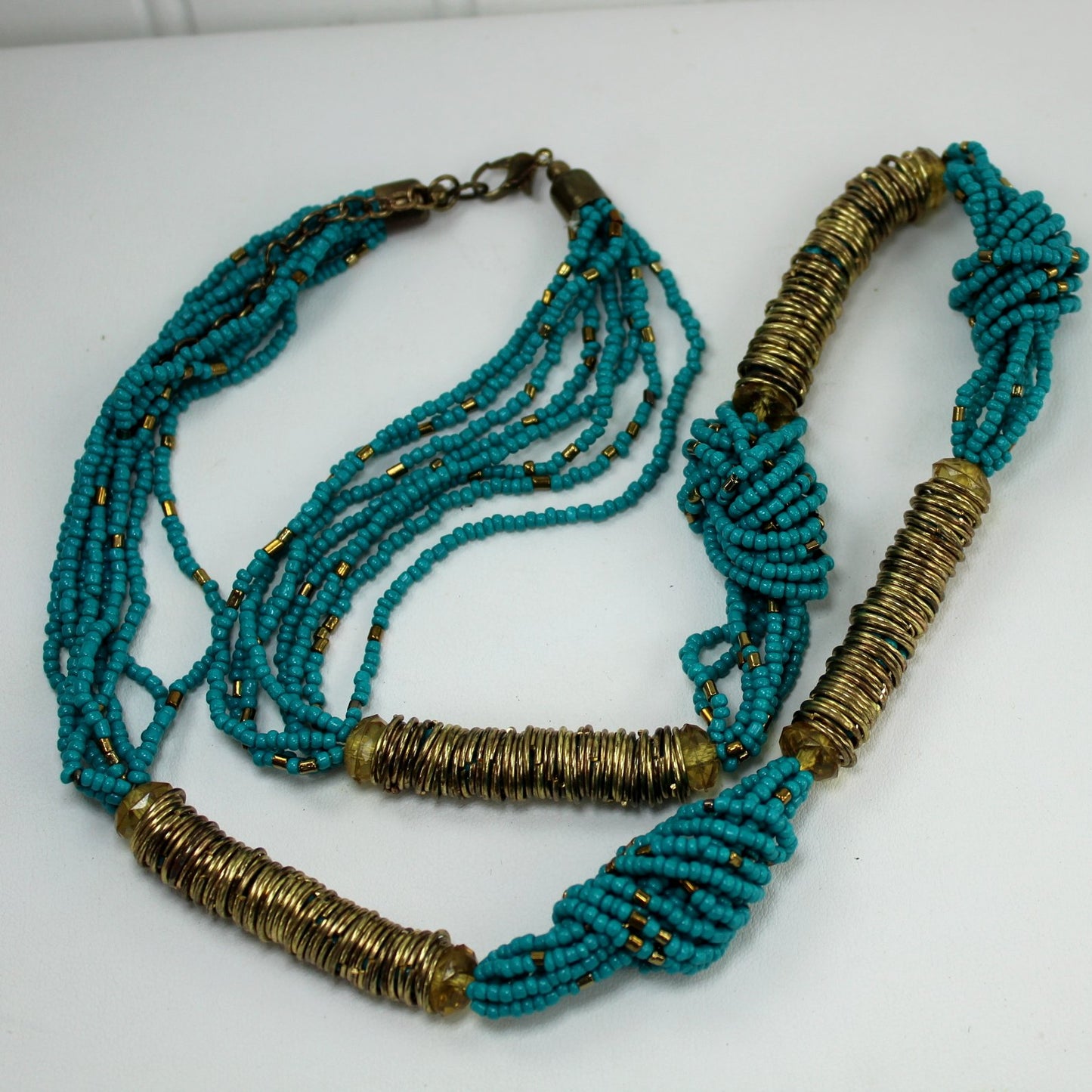 Turquoise Glass Seed Bead Necklace Metallic Highlights 28" Opera closeup necklace beads