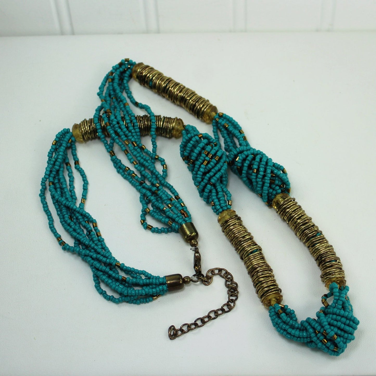 Turquoise Glass Seed Bead Necklace Metallic Highlights 28" Opera closeup necklace with closure