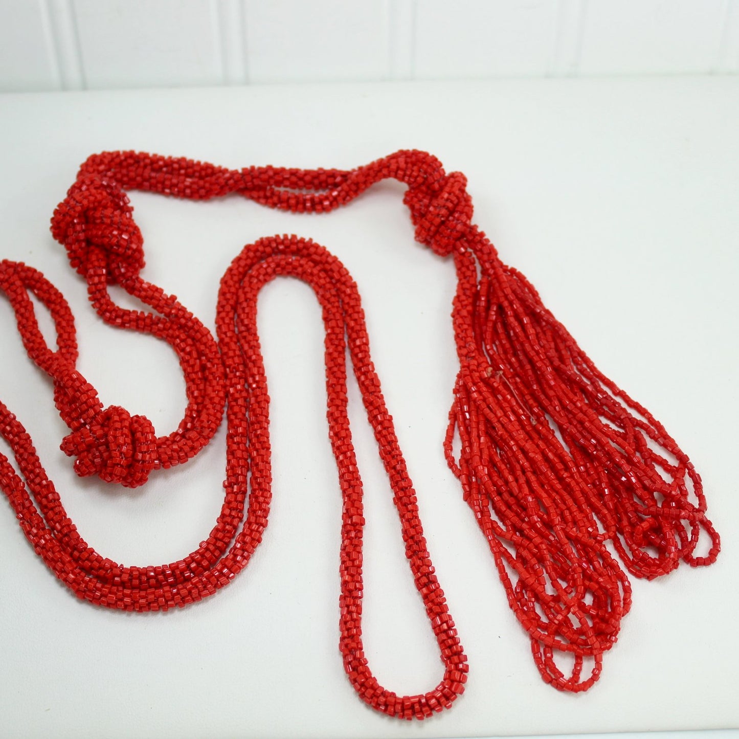 Flapper Bright Red Glass Bead Necklace Long Tassel Rope Lariat 72" Hot