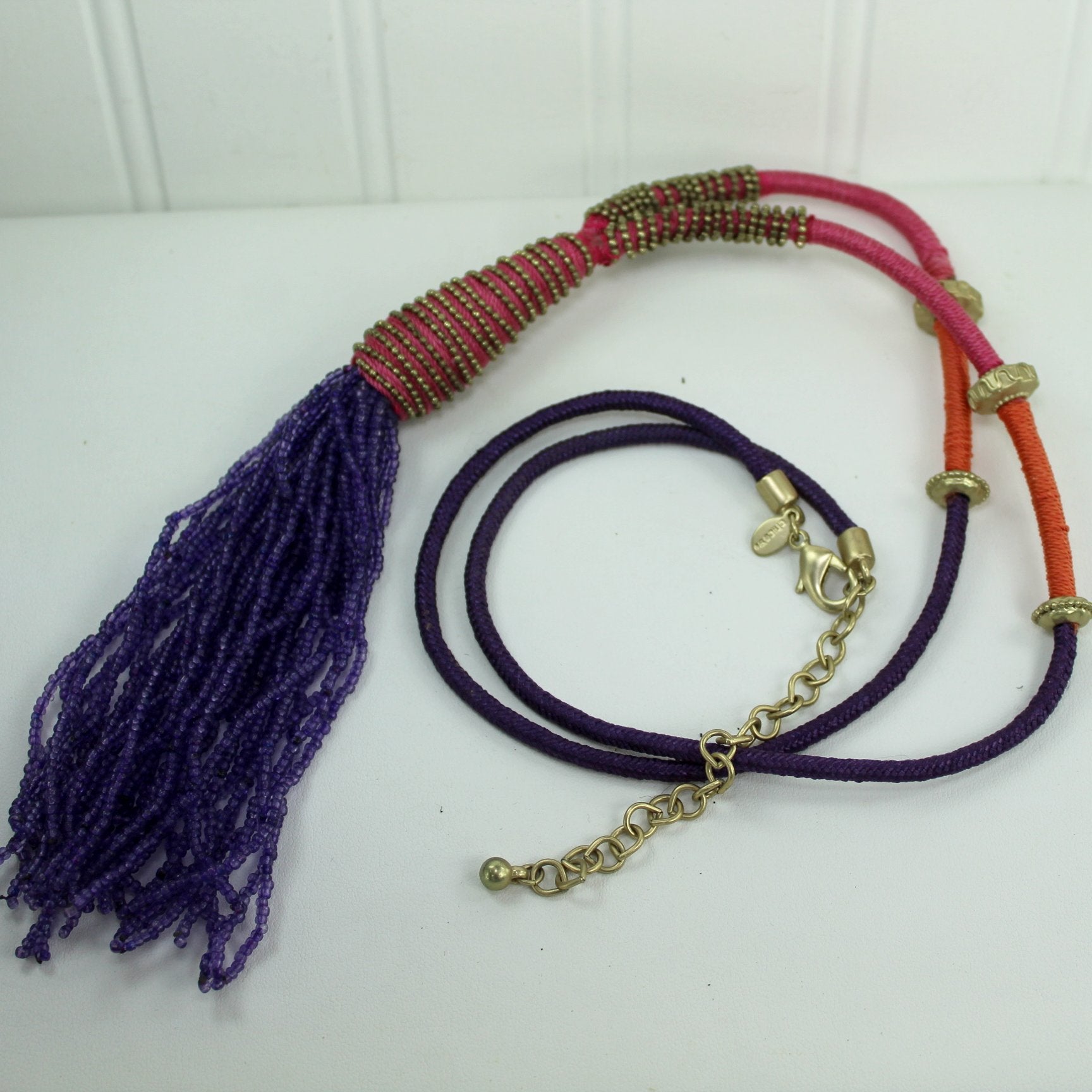 Chico's Long Bead Necklace Tassel Opera Length 40" Pink Purple Gold necklace table view