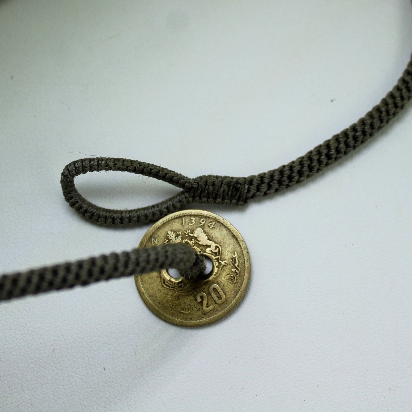 Vintage Moroccan Necklace Folded Brass Medallion Closure Coin King al-Hassan 1394 1974 coin back view