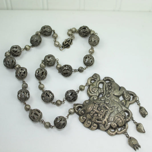 Silver Foo Dog Long Necklace Open Work Bead Intricate Chain Ethnic Origin