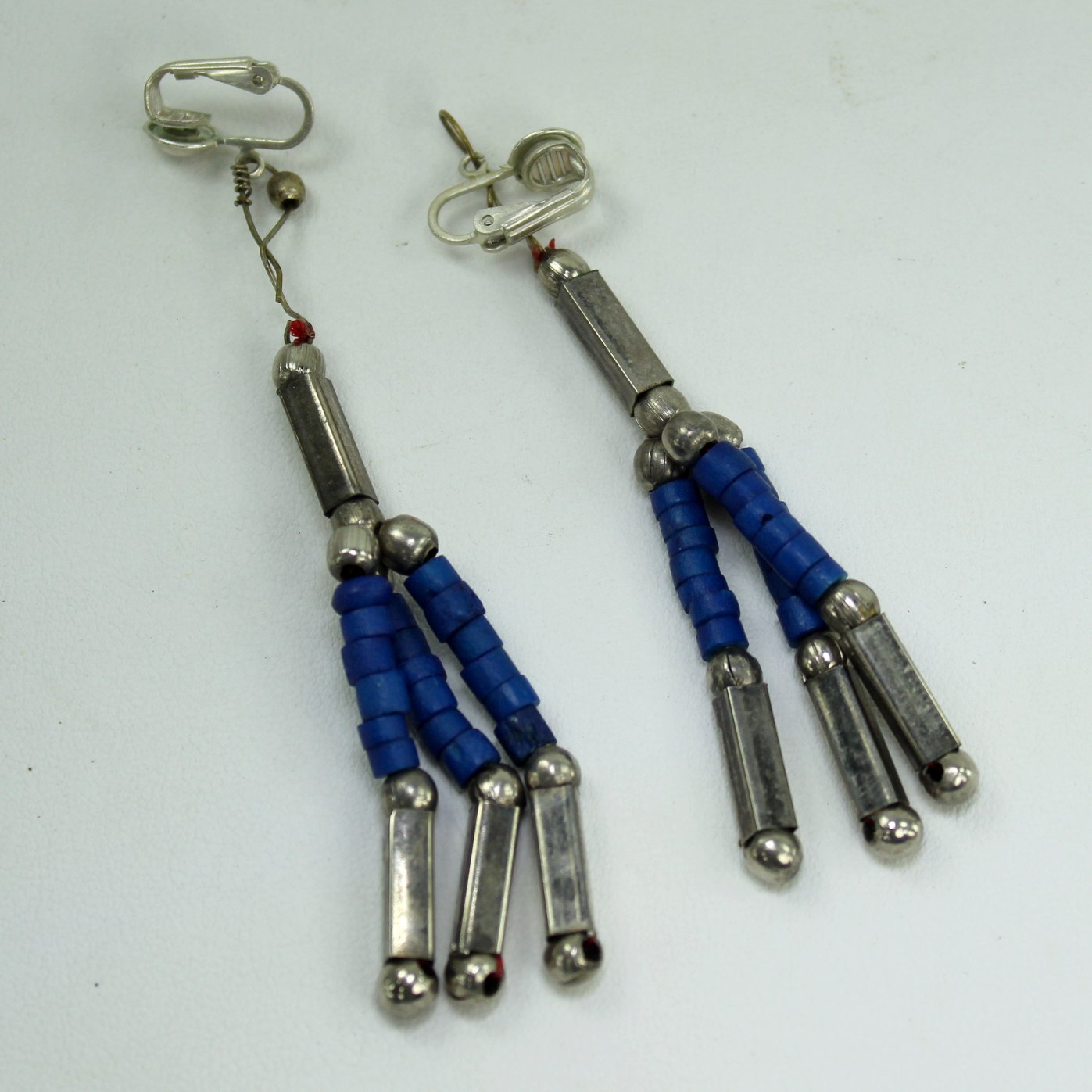 Lapis Blue Necklace Earrings Set Silver Alloy Tubular Beads Asia Souvenir closeup earrings