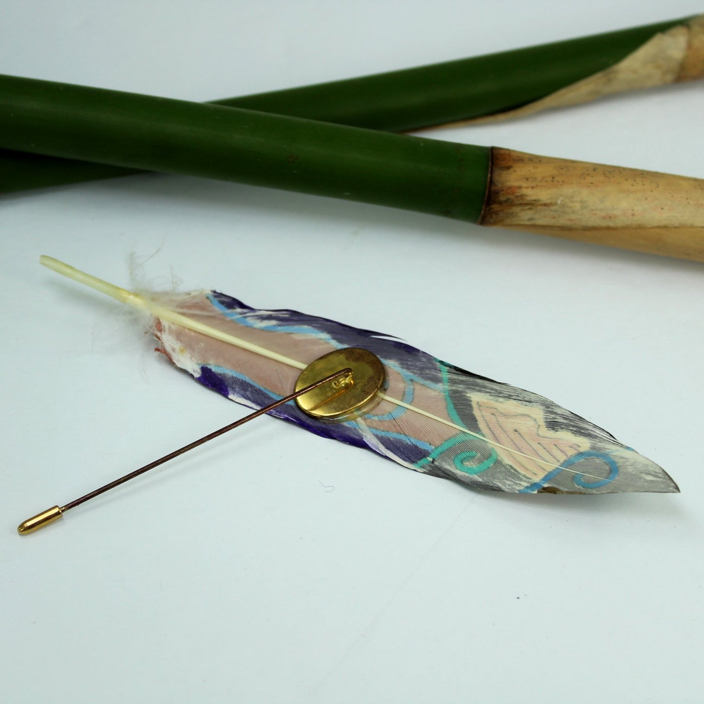 Artisan Vintage Painted Natural Feather Fanciful Stickpin reverse view