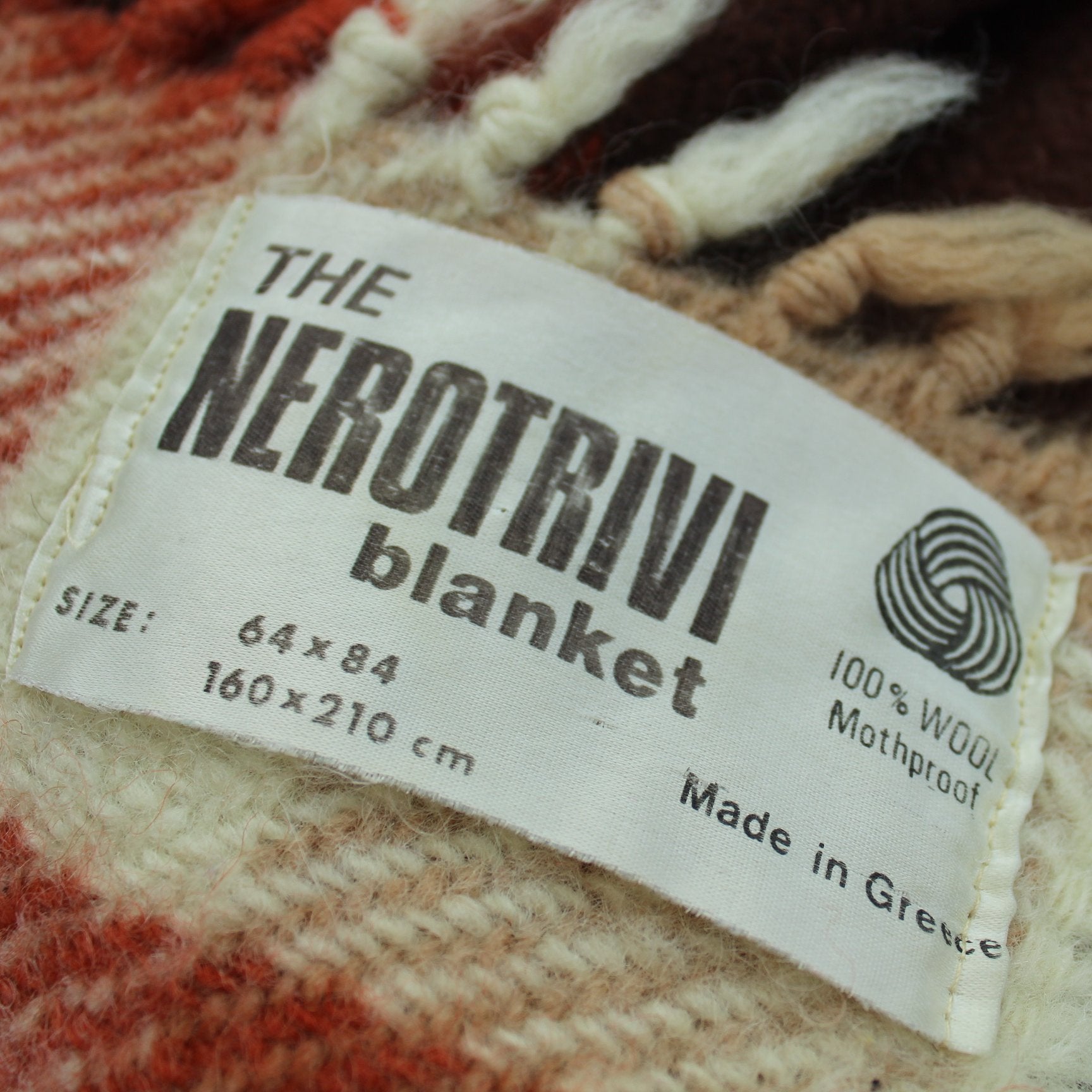 Nerotrivi Greece Heavy Wool Blanket Travel Rug Plaid Brown Sienna Cream Plaid original tag maker