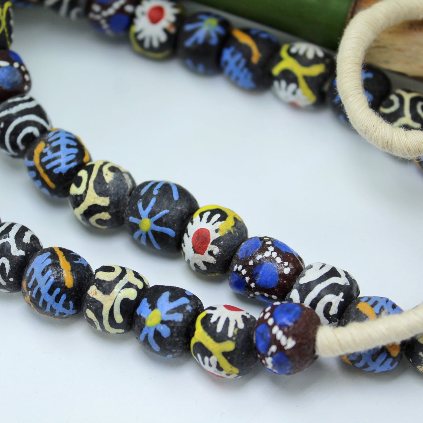 African Hand Made Necklace Colorful Beads Strand Wear DIY Black Blue beads closeup