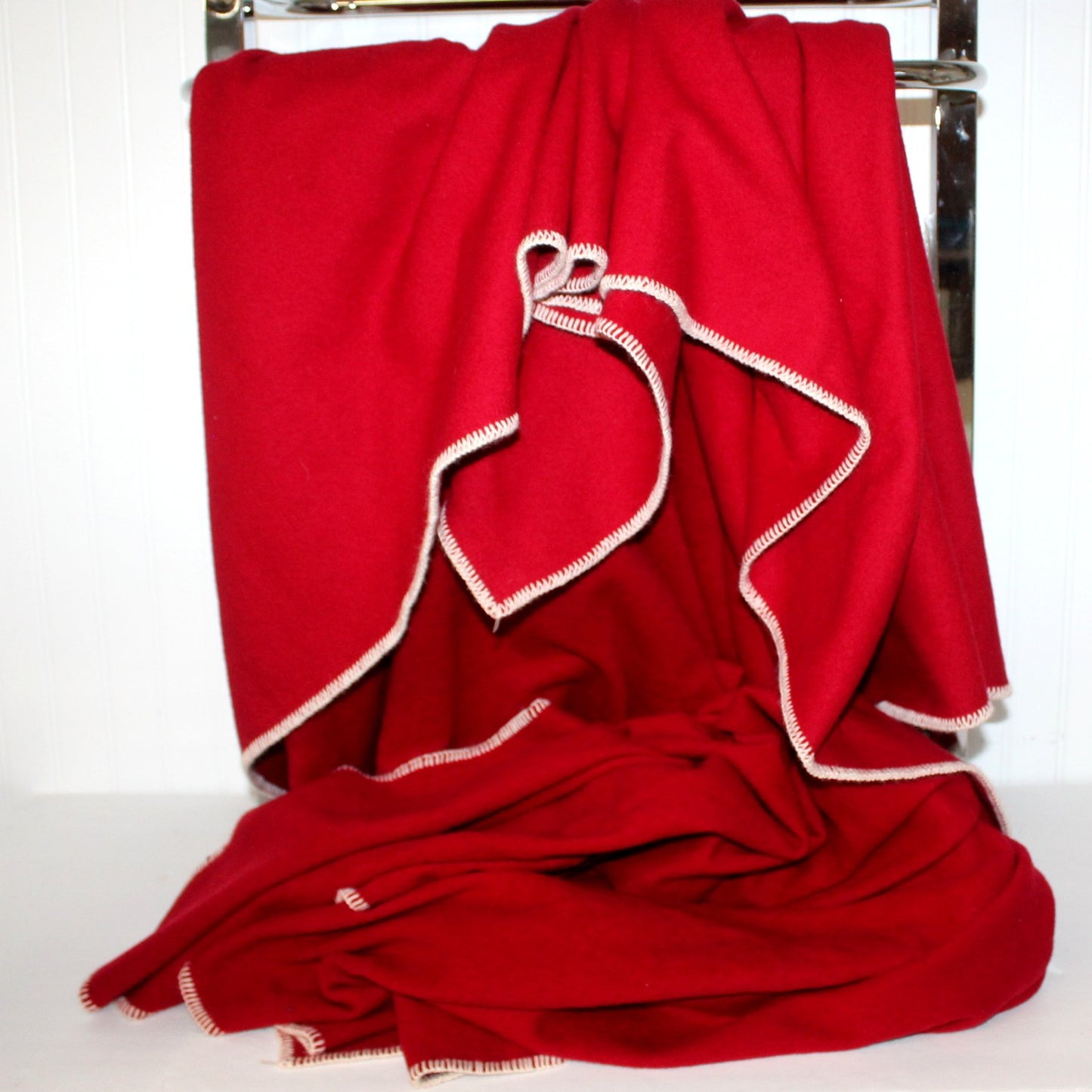 Light Wool Blanket Throw Deep Red White Blanket Stitch Edges All Seasons