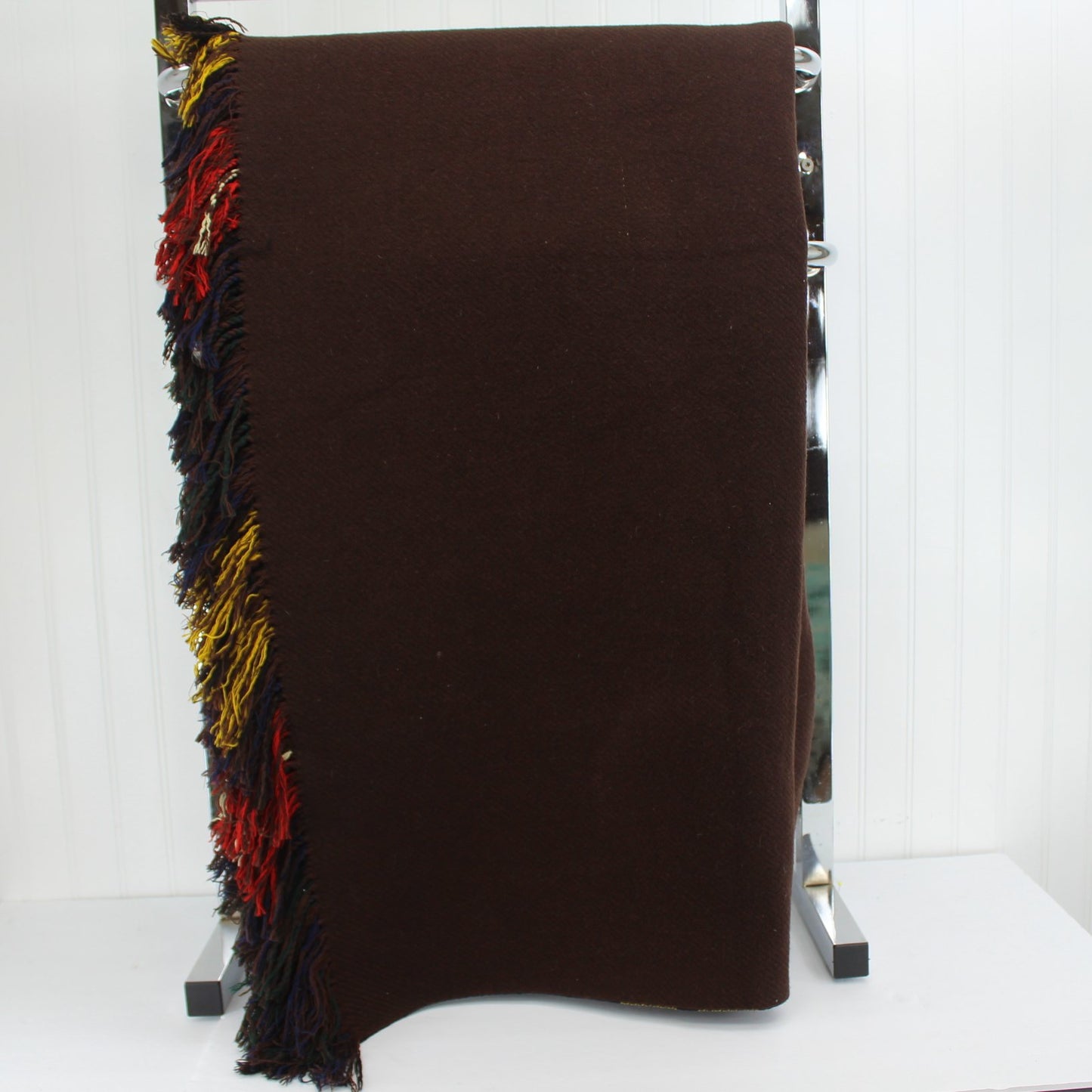 Wool Blanket Throw Reversible Plaid to Solid Brown Double Fabric solid side of throw dark brown