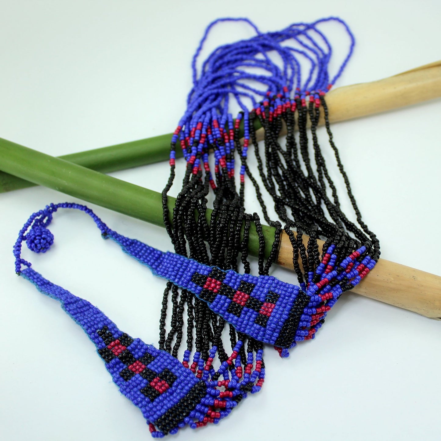 Seed Bead Necklace Waterfall Design Indonesia Blue Red Black nice detail in design