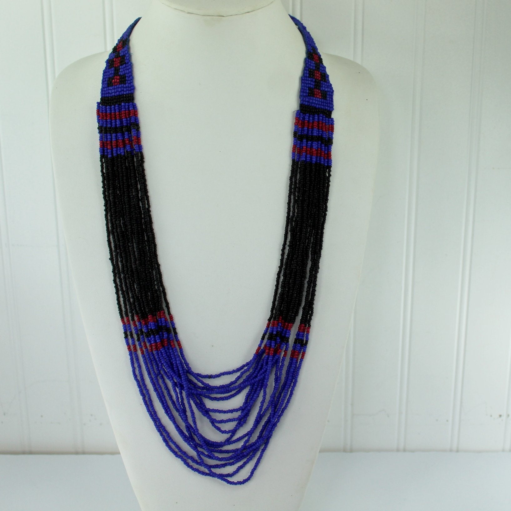 Seed Bead Necklace Waterfall Design Indonesia Blue Red Black