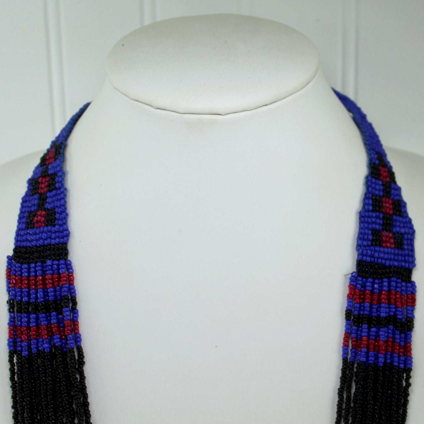 Seed Bead Necklace Waterfall Design Indonesia Blue Red Black design at neck