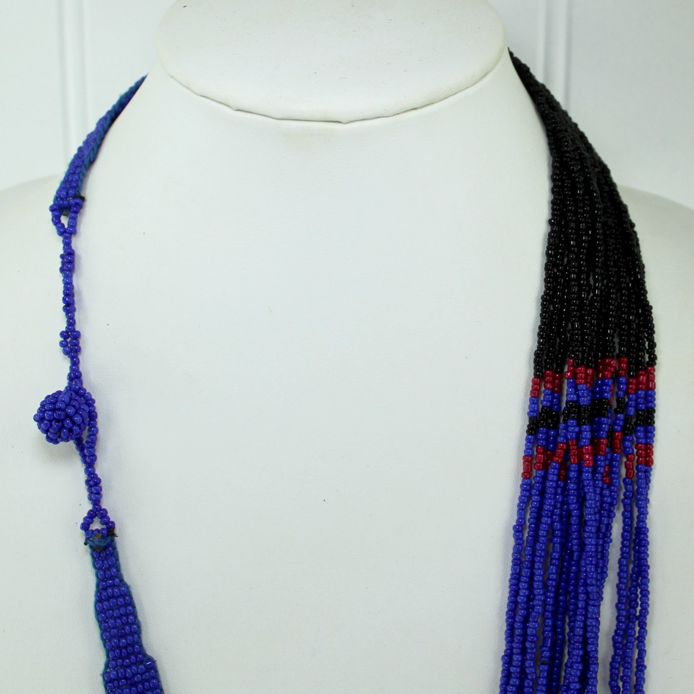 Seed Bead Necklace Waterfall Design Indonesia Blue Red Black closure closeup