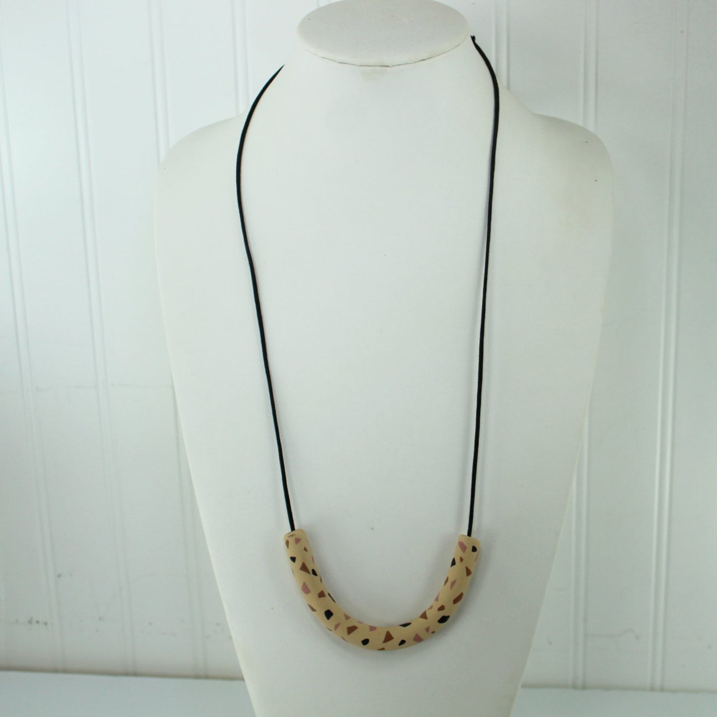 Sylca Ceramic Necklace Crescent Tube Mod Design Beige Black adjustable cord length