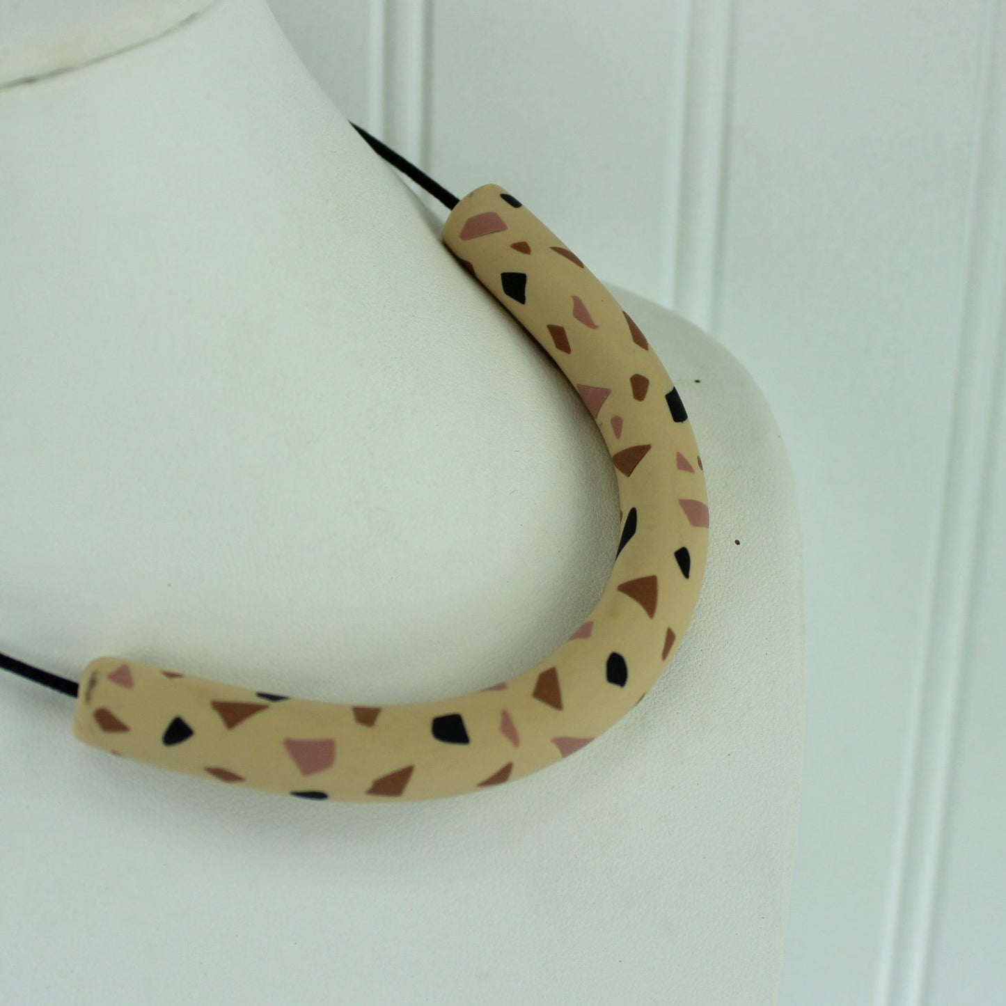 Sylca Ceramic Necklace Crescent Tube Mod Design Beige Black round tube shape