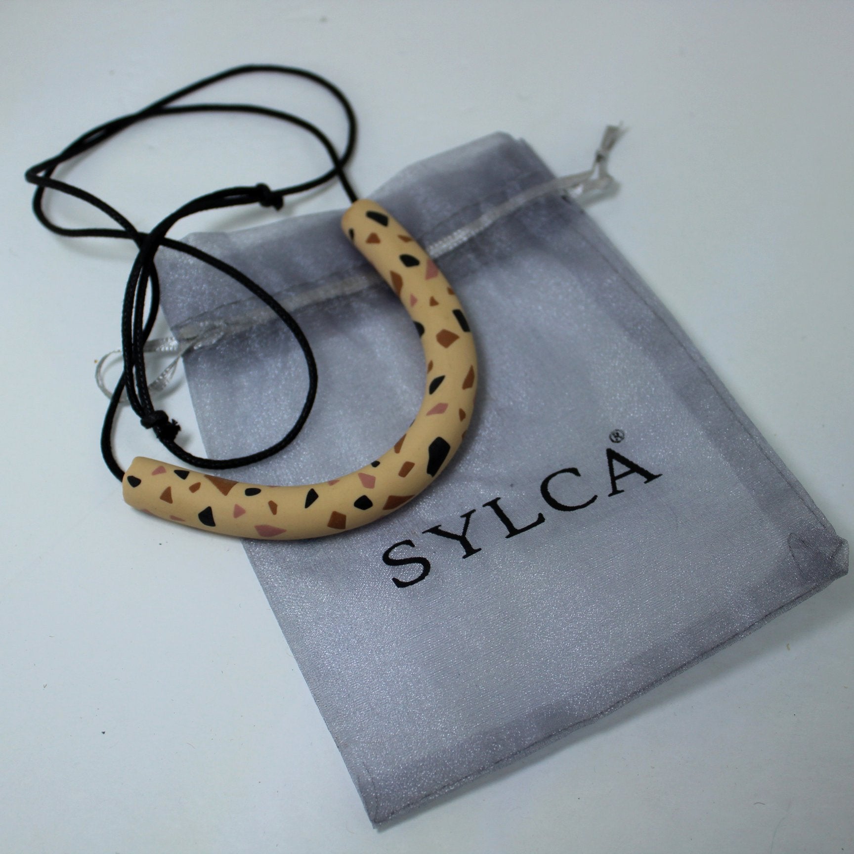 Sylca Ceramic Necklace Crescent Tube Mod Design Beige Black