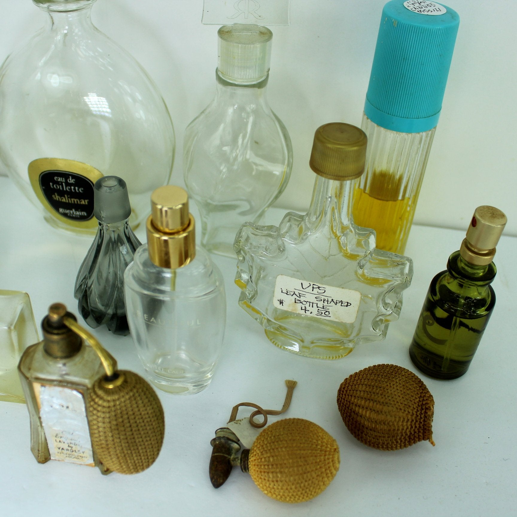 Collection 14 Old Glass Perfume Bottles 2 Atomizer Bulbs closeup bottles
