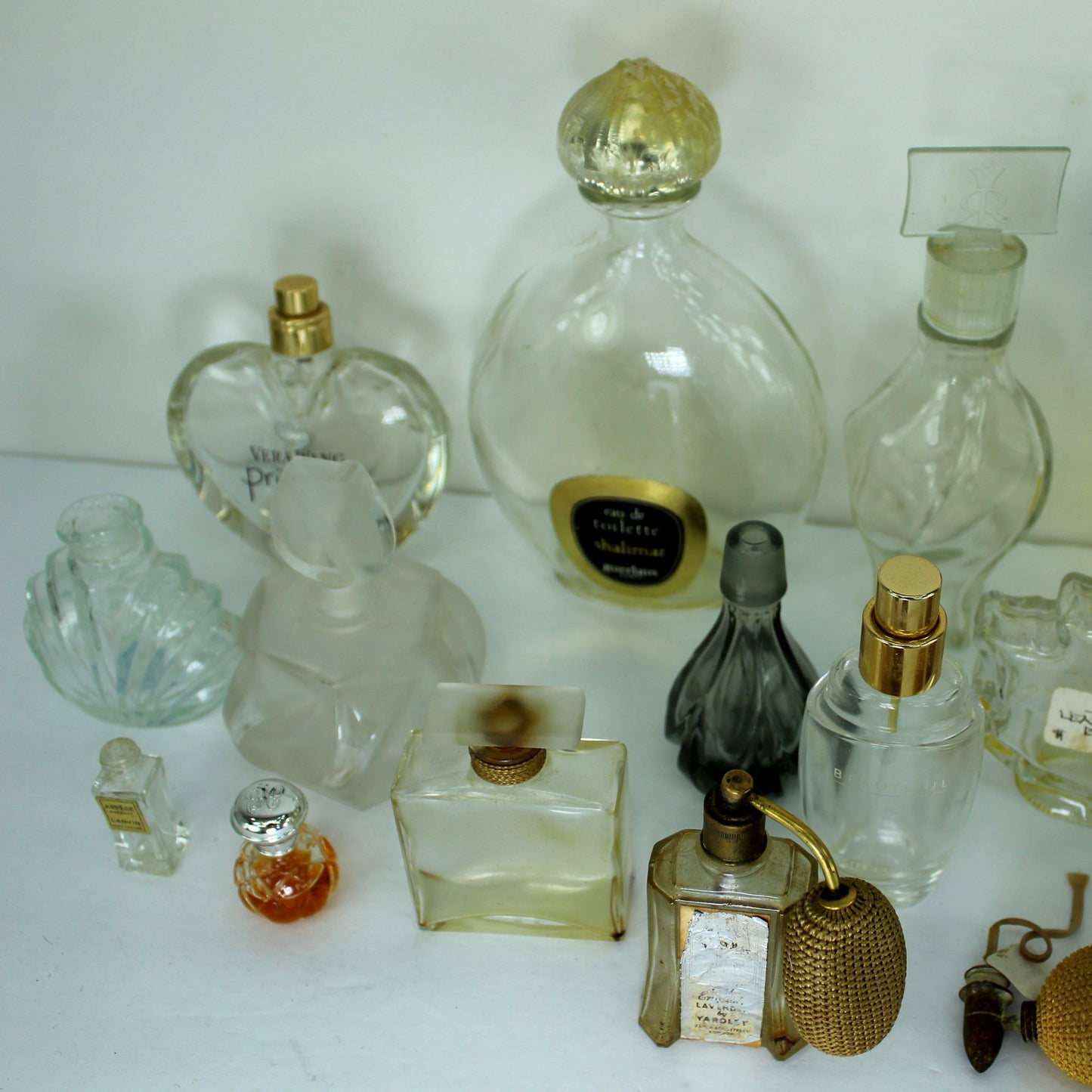 Collection 14 Old Glass Perfume Bottles 2 Atomizer Bulbs closeup of bottles