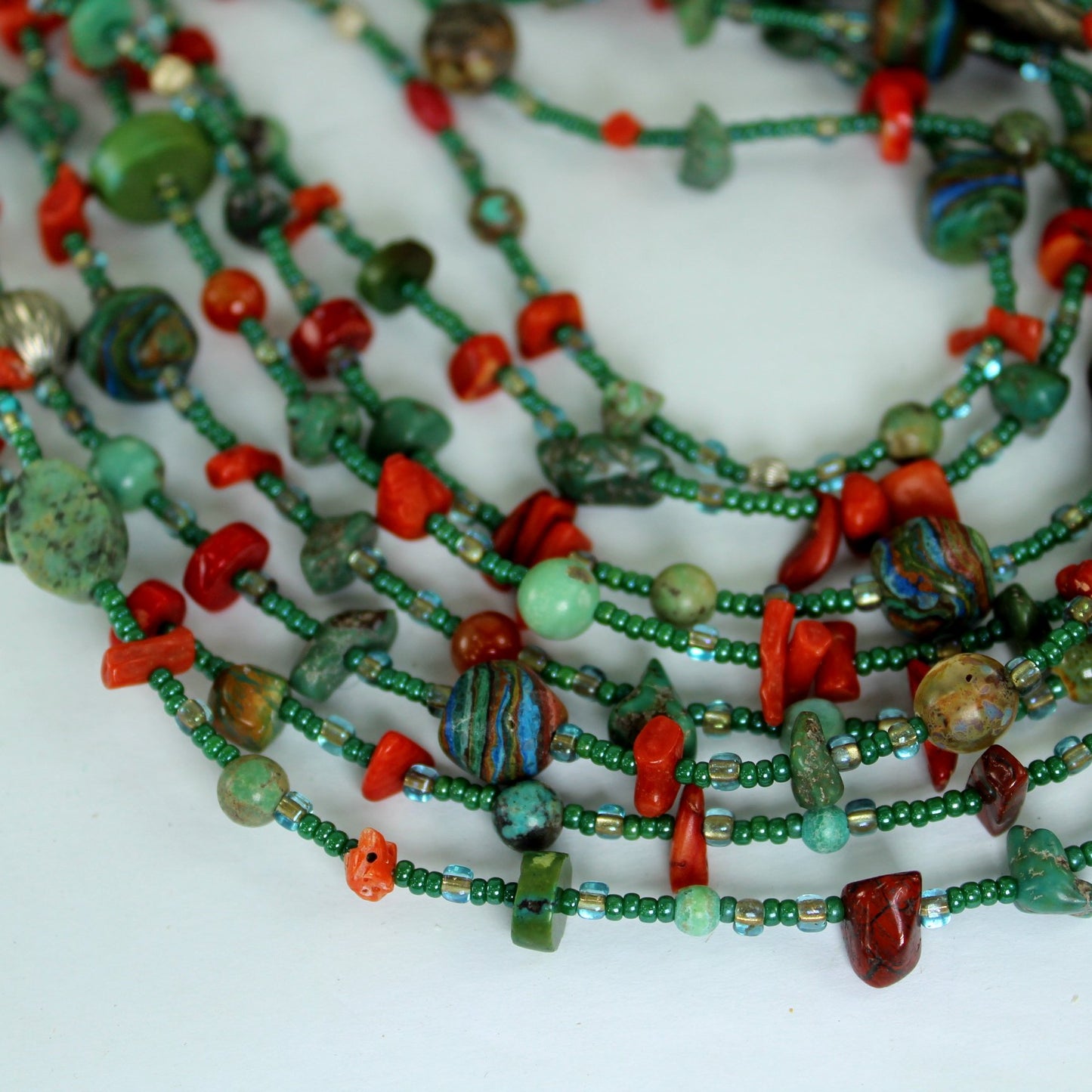 Turquoise Coral Glass Bead Multi Strand Necklace Large Double Medallion Closure very  close view beads nuggets