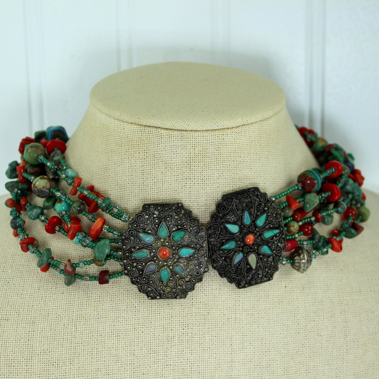 Turquoise Coral Glass Bead Multi Strand Necklace Large Double Medallion Closure