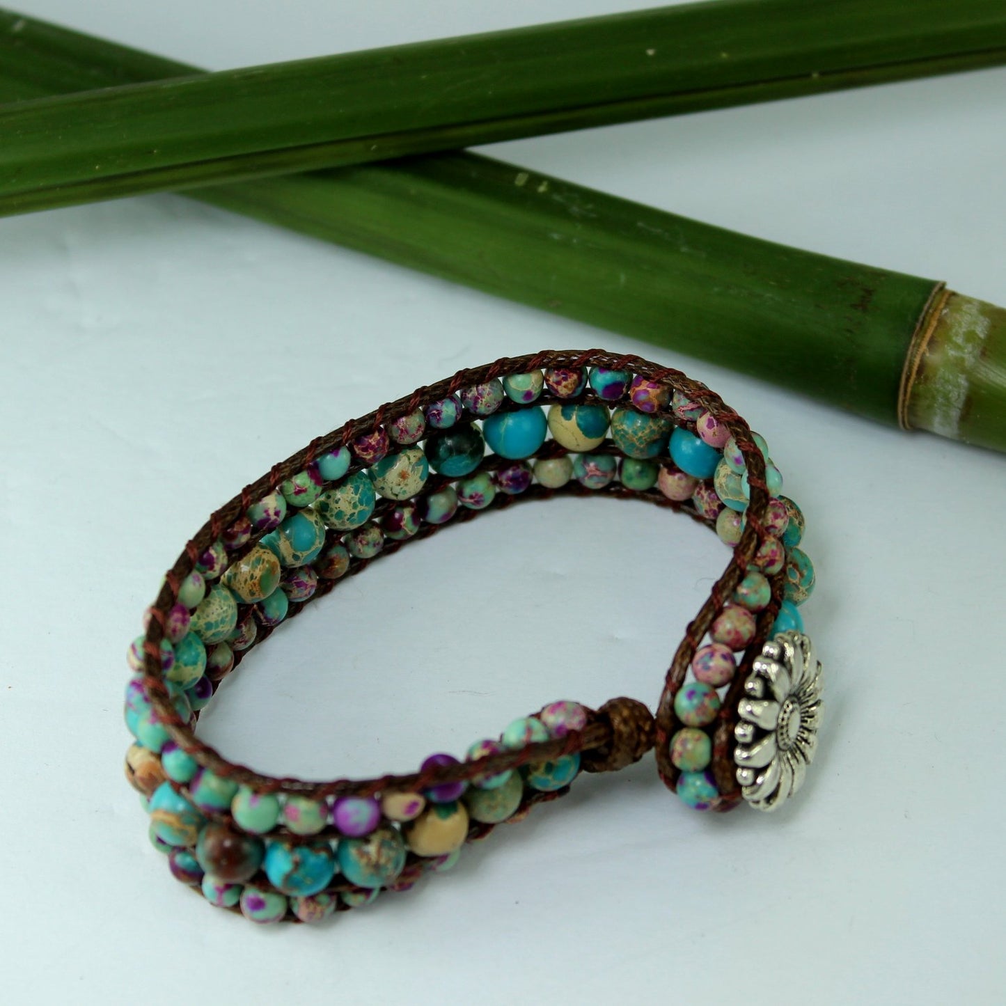 Artisan Bead Bracelet 3 Row Leather Cord Button Closure Turquoise Purple as nice inside