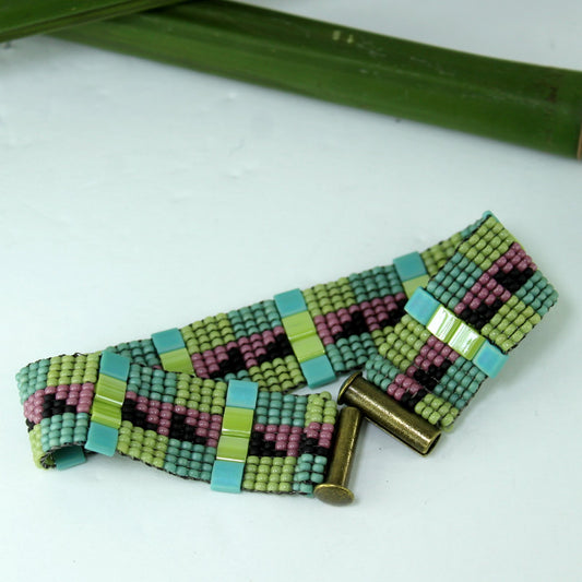 Artisan Seed Bead Loomed Bracelet Iridescent Square Beads Metal Closure