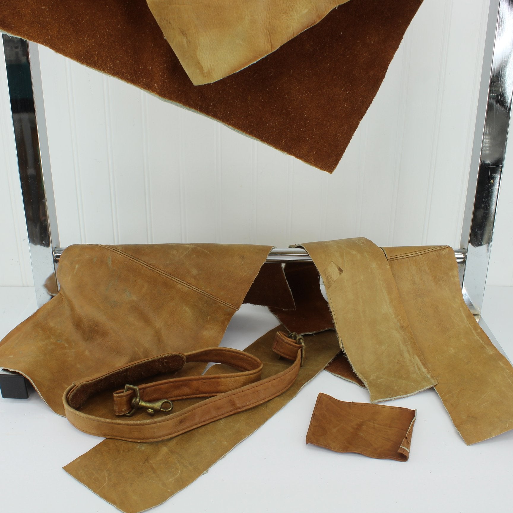 Collection Leather Cowhide Brown Scraps Shoulder Strap DIY Craft closeup of pieces