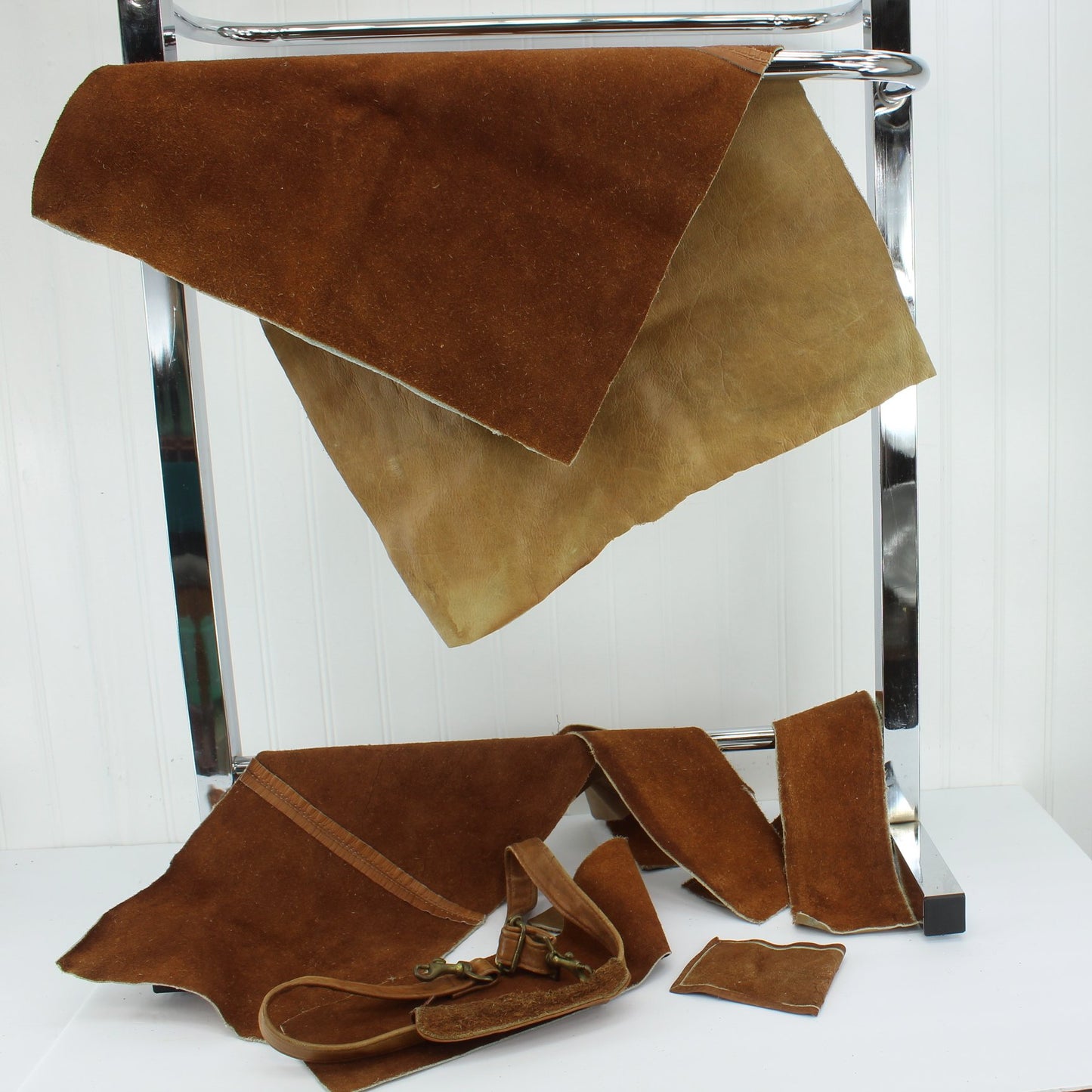 Collection Leather Cowhide Brown Scraps Shoulder Strap DIY Craft reverse of leather