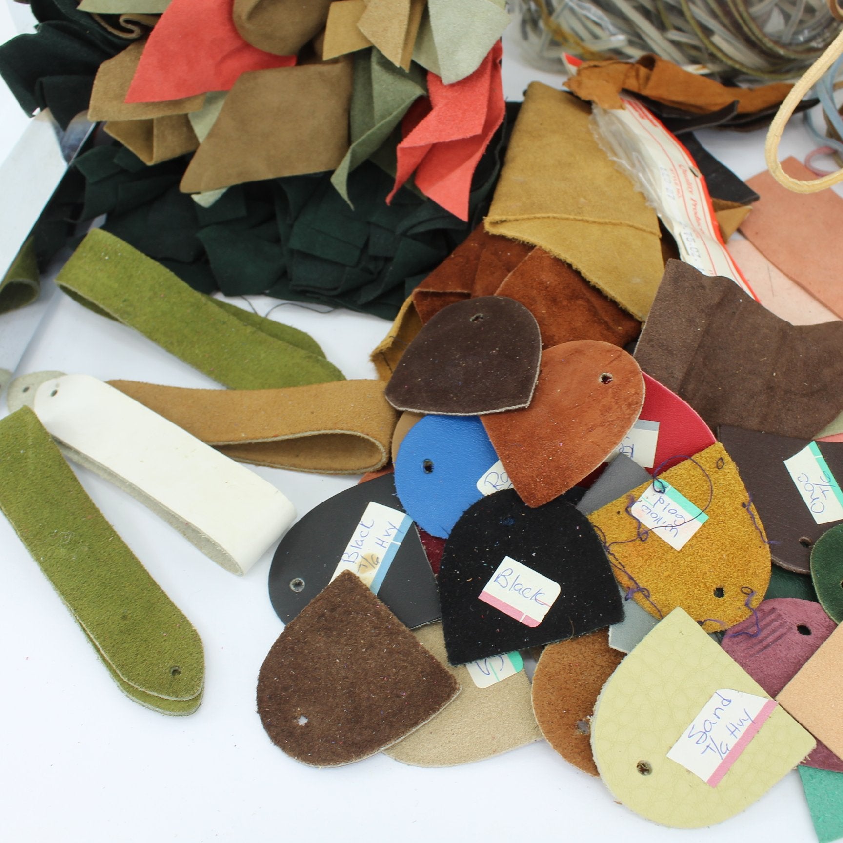 Collection Leather Lacing Strips Samples Pieces Crafts DIY Crafter Estate cloeup samples marked 