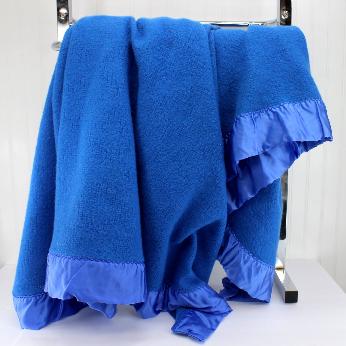 Fieldcrest Royal Velvet Blanket Washable Wool Blend Royal Blue Basketweave
