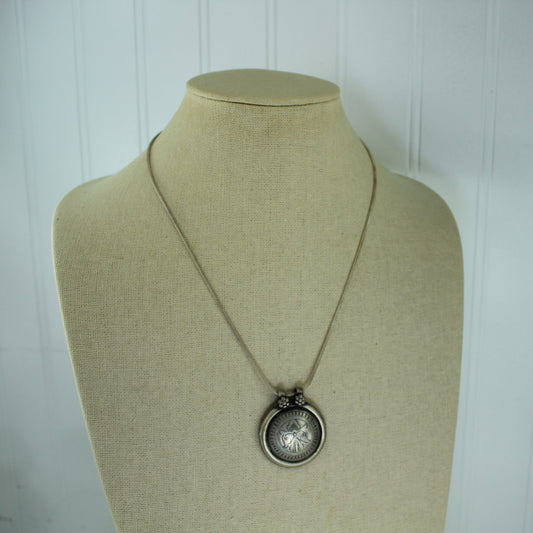 Vintage Tribal Necklace Silver Etched Round Floral Medallion Double Bail Chain