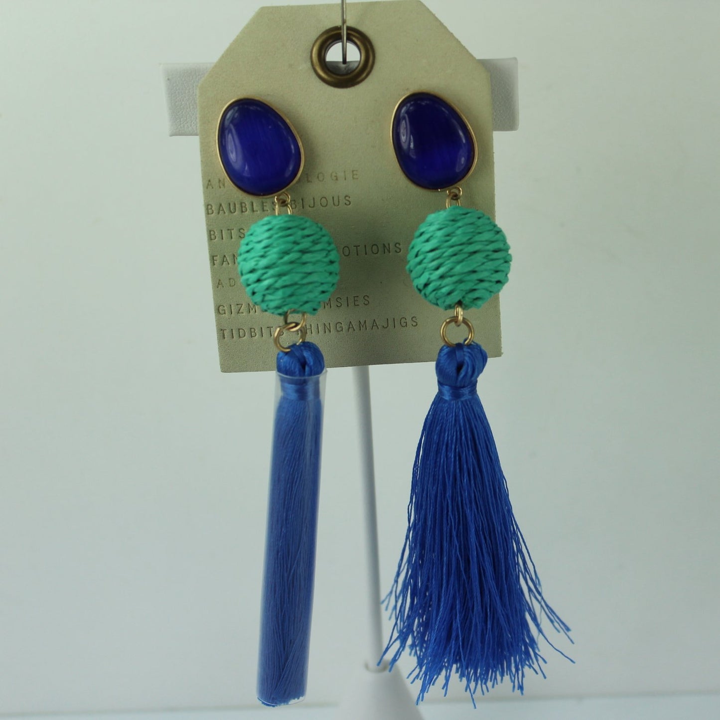 Anthropologie NWT Long Tassel Glass Bead Earrings 4 1/2" Lapis Blue Aqua on ear look