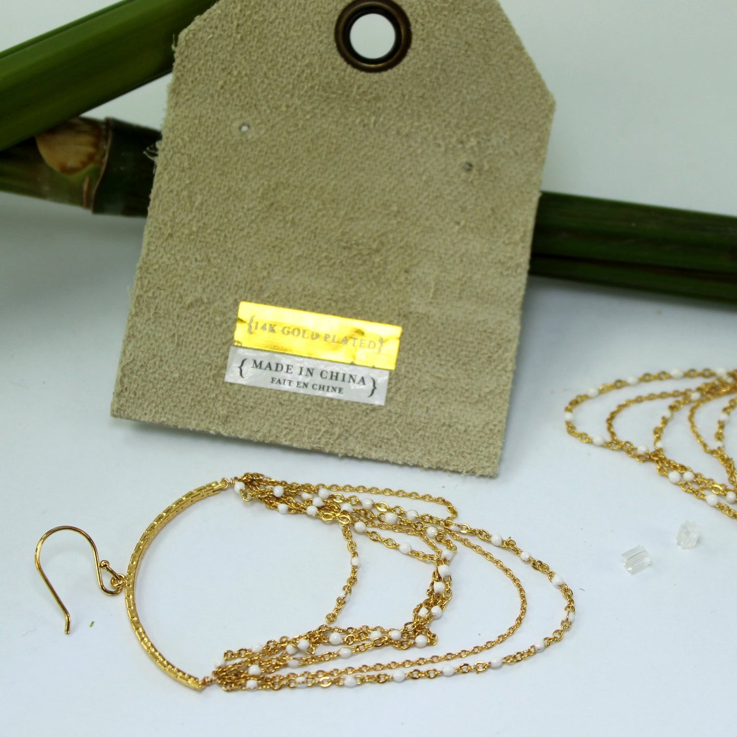 Anthropologie NWT Half Hoop Dangle Fine Chain 14K Gold Plate  reverse tag and closeup er