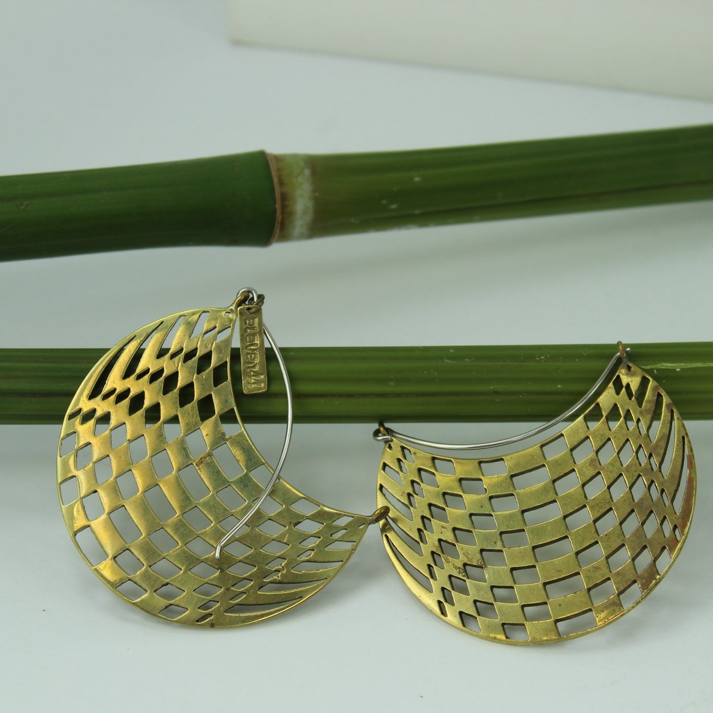 Eleven44 Hoop Brass Earrings Wax Cast 60's Op Art Design Steel Wire Hook